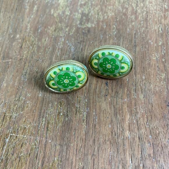 Vintage Retro green yellow floral pattern Gold‎ tone Enamel Cufflinks Cuff Links - Picture 2 of 5